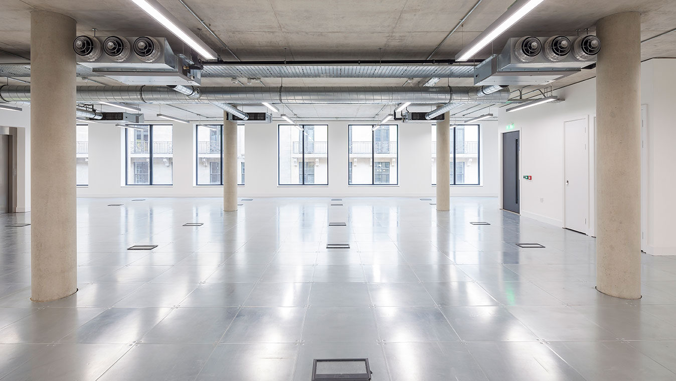 A newly renovated, empty industial styled office space
