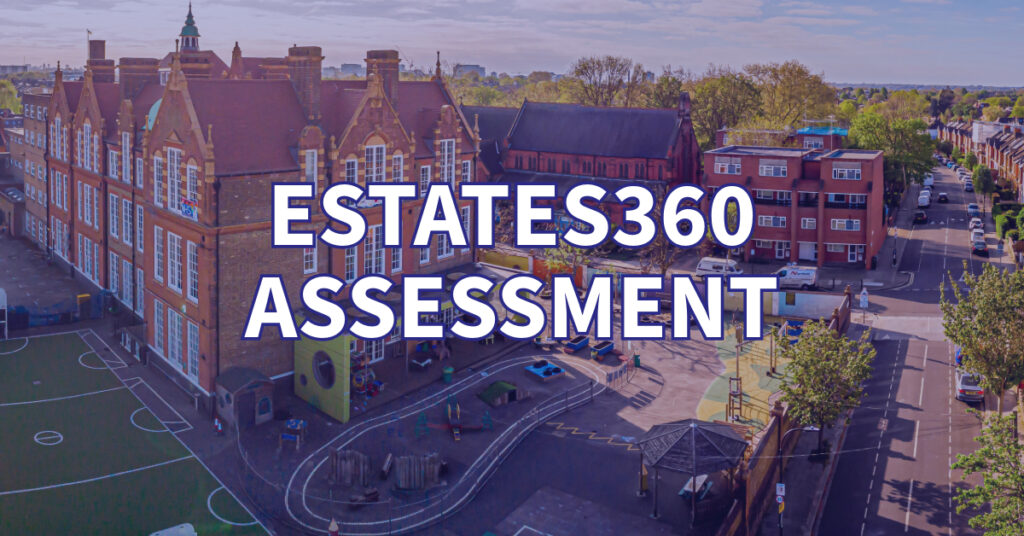 Aerial view of a school building and playground overlayed with "Estates360 Assessment" text