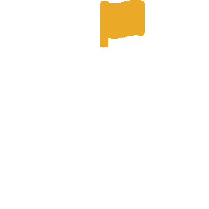 School building icon in white with Barker yellow flag
