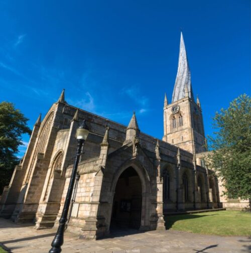 The twisted spire of the Church of St Mary and All Saints, Chesterfield, Derbyshire, UK