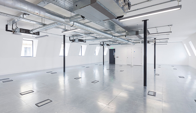 A newly renovated, empty industial styled office space